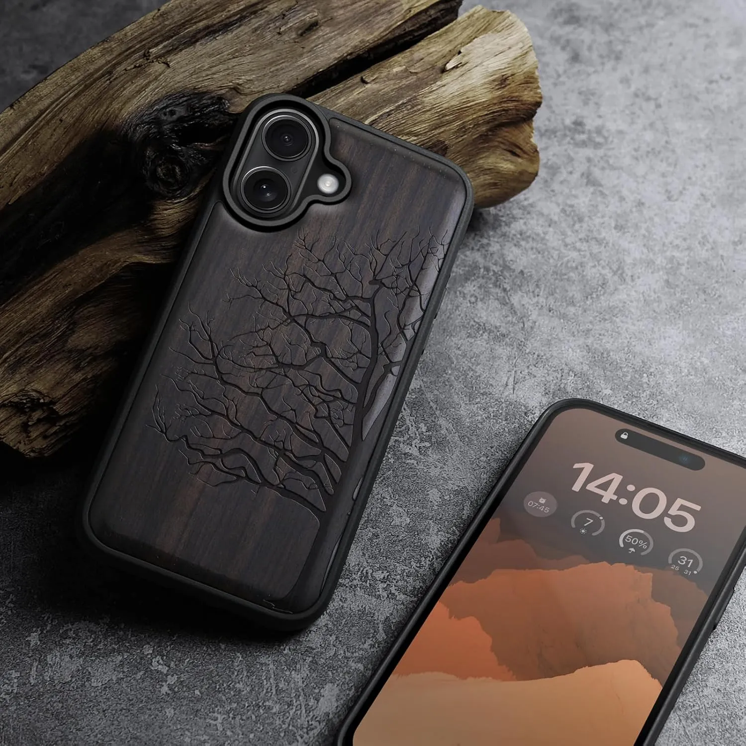 Carveit Magnetic Wooden Case for iPhone 16 Case, Wood Artisan Engraved & Black Soft TPU Shockproof Cover, Compatible with MagSafe Wireless Chargers (Eternal Tree) Blackwood