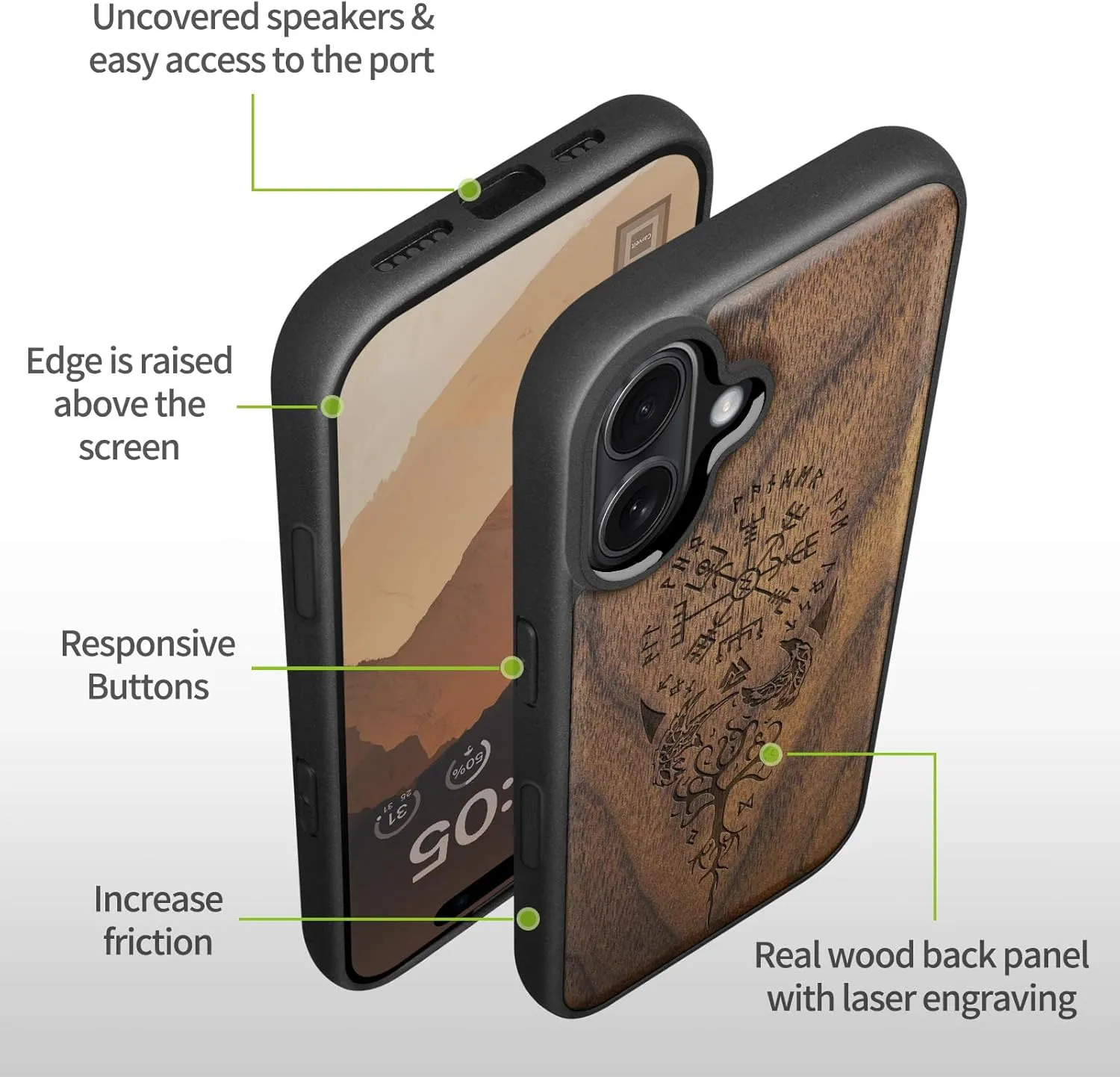 Carveit Magnetic Wooden Case for iPhone 16 Case, Wood Artisan Engraved & Black Soft TPU Shockproof Cover, Compatible with MagSafe Wireless Chargers (The Guiding Vegvisir) Walnut