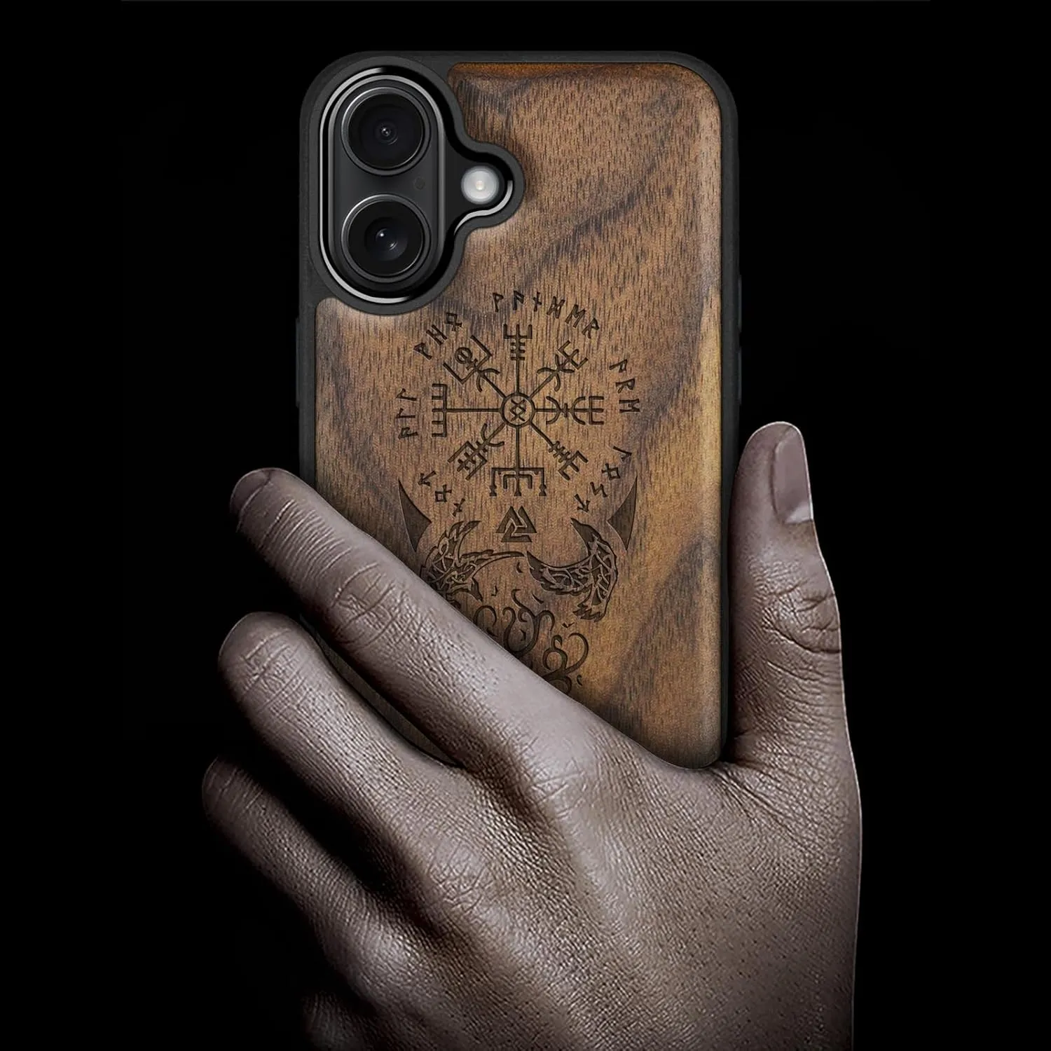 Carveit Magnetic Wooden Case for iPhone 16 Case, Wood Artisan Engraved & Black Soft TPU Shockproof Cover, Compatible with MagSafe Wireless Chargers (The Guiding Vegvisir) Walnut