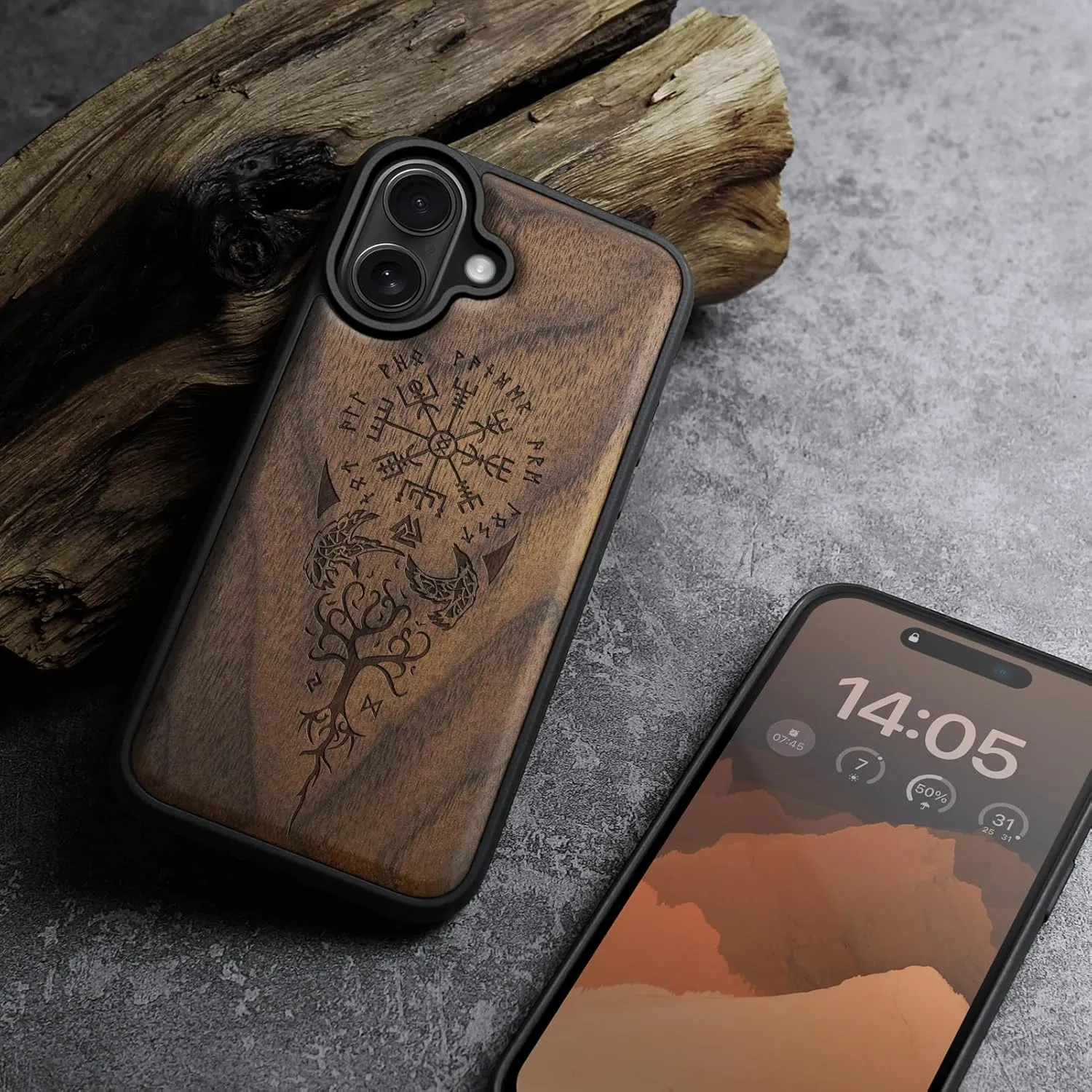 Carveit Magnetic Wooden Case for iPhone 16 Case, Wood Artisan Engraved & Black Soft TPU Shockproof Cover, Compatible with MagSafe Wireless Chargers (The Guiding Vegvisir) Walnut