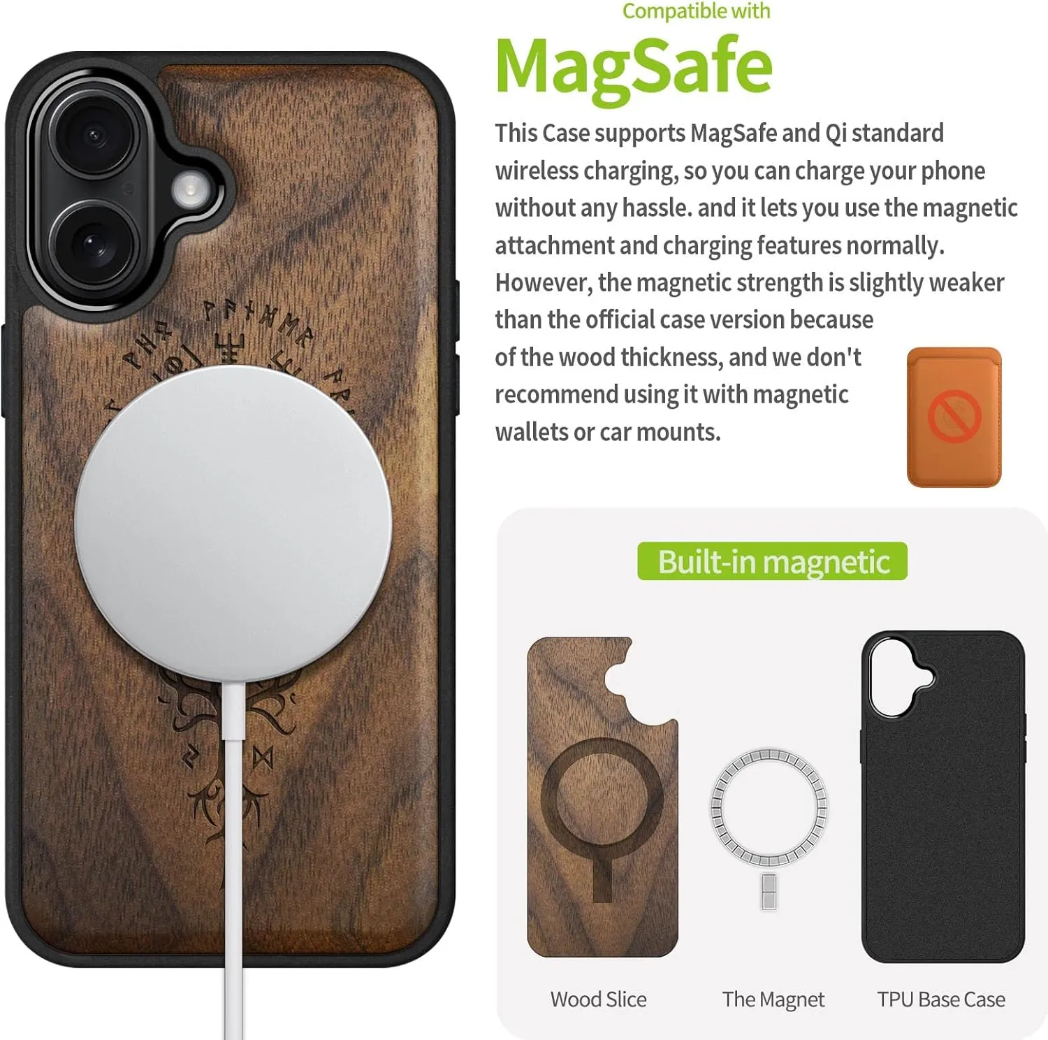 Carveit Magnetic Wooden Case for iPhone 16 Case, Wood Artisan Engraved & Black Soft TPU Shockproof Cover, Compatible with MagSafe Wireless Chargers (The Guiding Vegvisir) Walnut