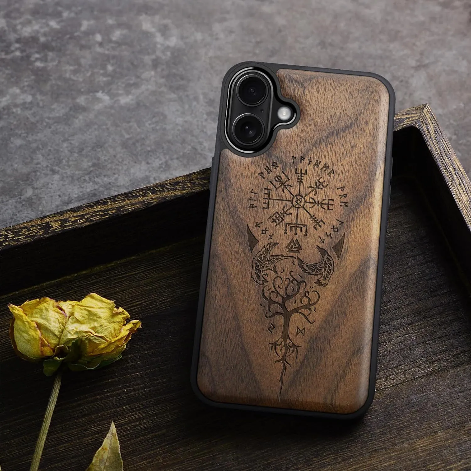 Carveit Magnetic Wooden Case for iPhone 16 Case, Wood Artisan Engraved & Black Soft TPU Shockproof Cover, Compatible with MagSafe Wireless Chargers (The Guiding Vegvisir) Walnut