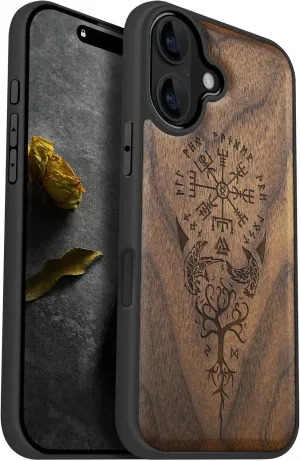 Carveit Magnetic Wooden Case for iPhone 16 Case, Wood Artisan Engraved & Black Soft TPU Shockproof Cover, Compatible with MagSafe Wireless Chargers (The Guiding Vegvisir) Walnut