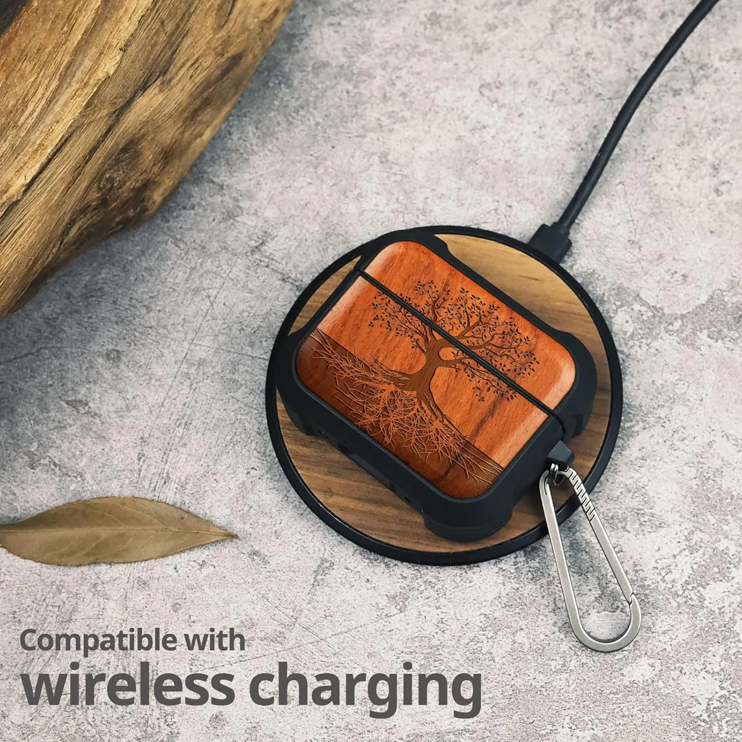 Carveit Wooden Case for AirPods Pro 2nd/1st Gen Case, Wood Artisan Engraved & TPU Shockproof Cover, Titanium Quick Released Clasp, Wireless Chargers Compatible (The Yin Yang Tree) Rosy