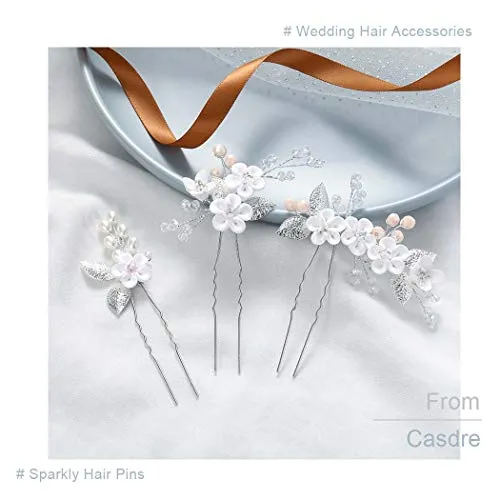 Casdre Flower Bridal Hair Pins Pearl Bride Wedding Hair Accessories Rhinestone Hair Piece for Women and Girls(Pack of 3) (A Silver)