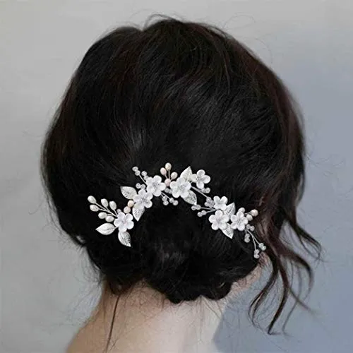 Casdre Flower Bridal Hair Pins Pearl Bride Wedding Hair Accessories Rhinestone Hair Piece for Women and Girls(Pack of 3) (A Silver)