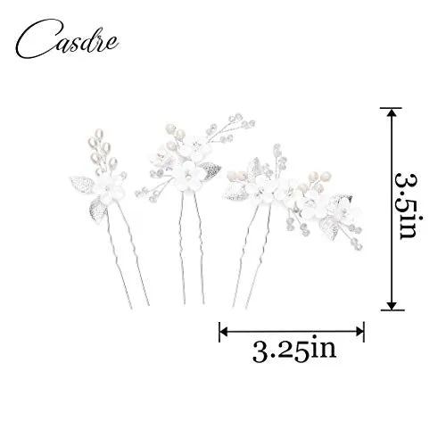 Casdre Flower Bridal Hair Pins Pearl Bride Wedding Hair Accessories Rhinestone Hair Piece for Women and Girls(Pack of 3) (A Silver)