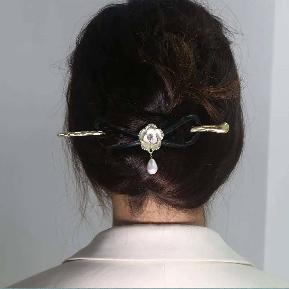 CHOISBEING Leather Hair Barrettes for Women French Hair Clip with Metal Hair Stick for Buns Hair Slides for Girls Camellia Flower Clip(M)