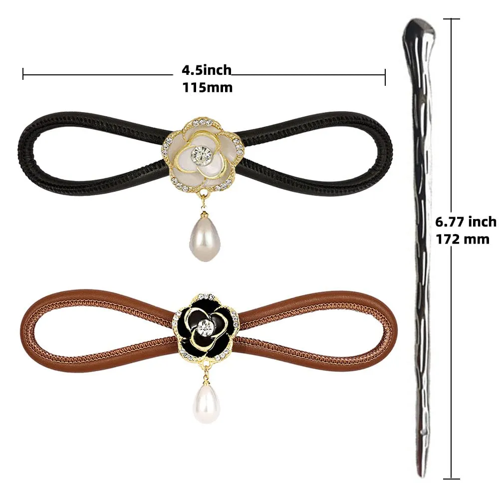 CHOISBEING Leather Hair Barrettes for Women French Hair Clip with Metal Hair Stick for Buns Hair Slides for Girls Camellia Flower Clip(M)