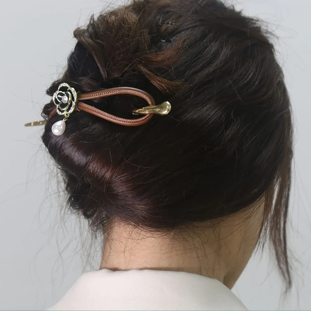 CHOISBEING Leather Hair Barrettes for Women French Hair Clip with Metal Hair Stick for Buns Hair Slides for Girls Camellia Flower Clip(M)
