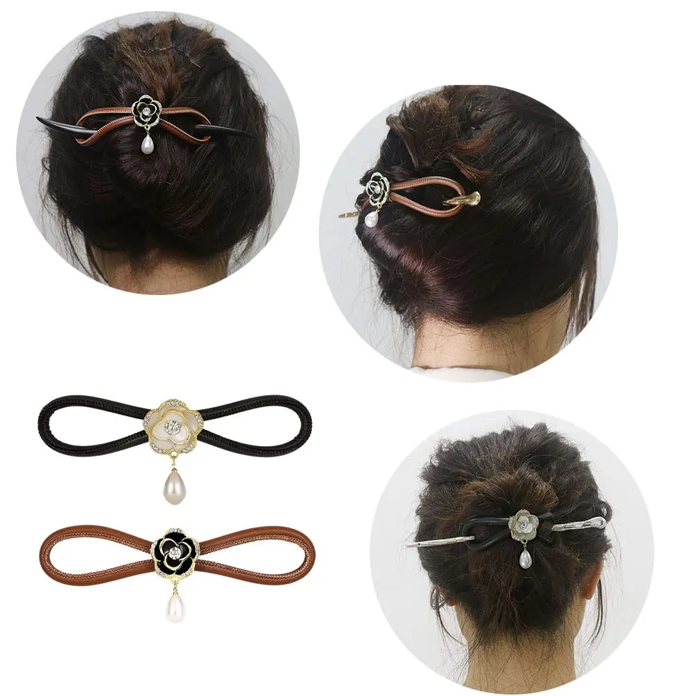 CHOISBEING Leather Hair Barrettes for Women French Hair Clip with Metal Hair Stick for Buns Hair Slides for Girls Camellia Flower Clip(M)