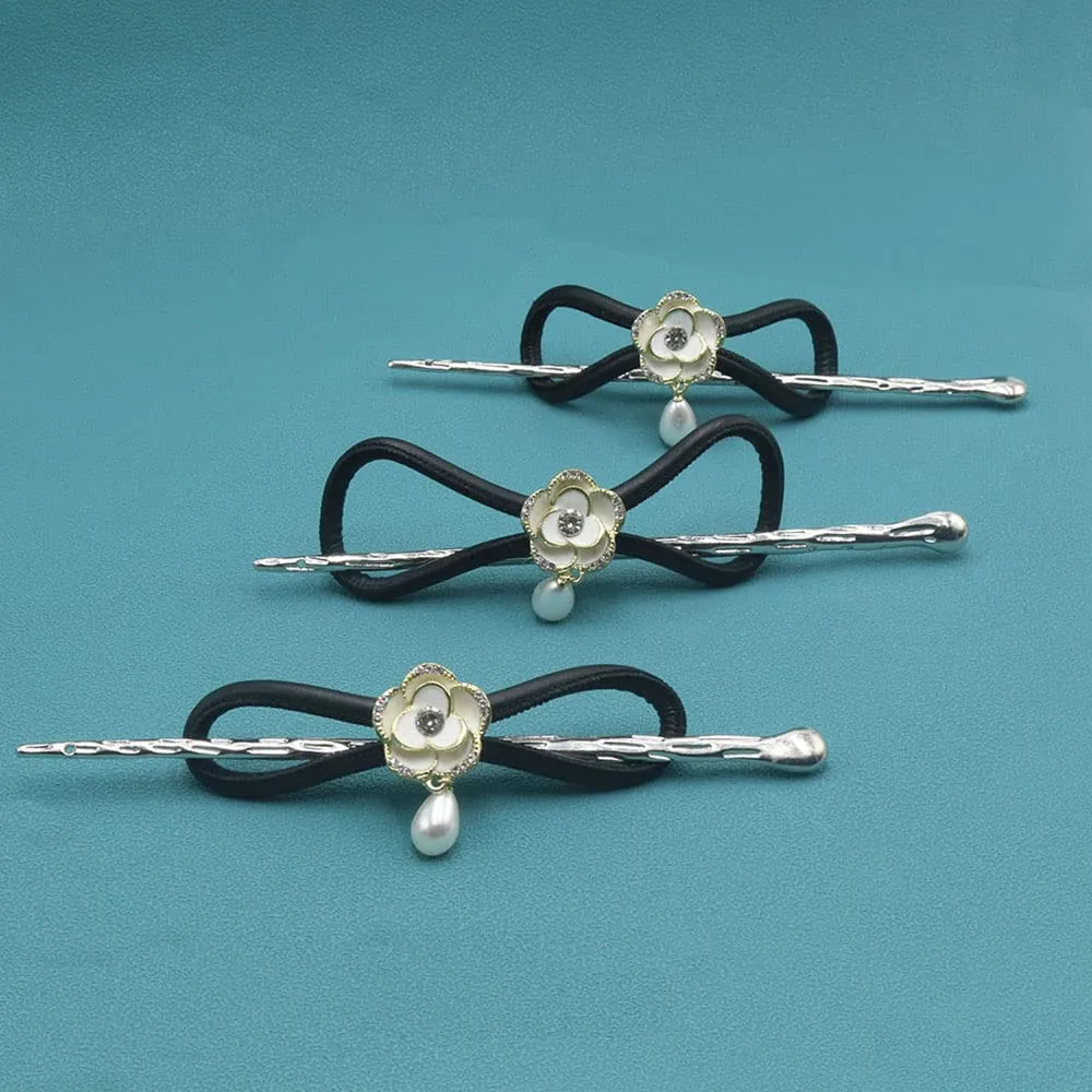 CHOISBEING Leather Hair Barrettes for Women French Hair Clip with Metal Hair Stick for Buns Hair Slides for Girls Camellia Flower Clip(M)