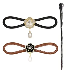CHOISBEING Leather Hair Barrettes for Women French Hair Clip with Metal Hair Stick for Buns Hair Slides for Girls Camellia Flower Clip(M)
