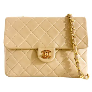 Classic Flap Beige Lambskin Mini Gold Chain Shoulder Bag