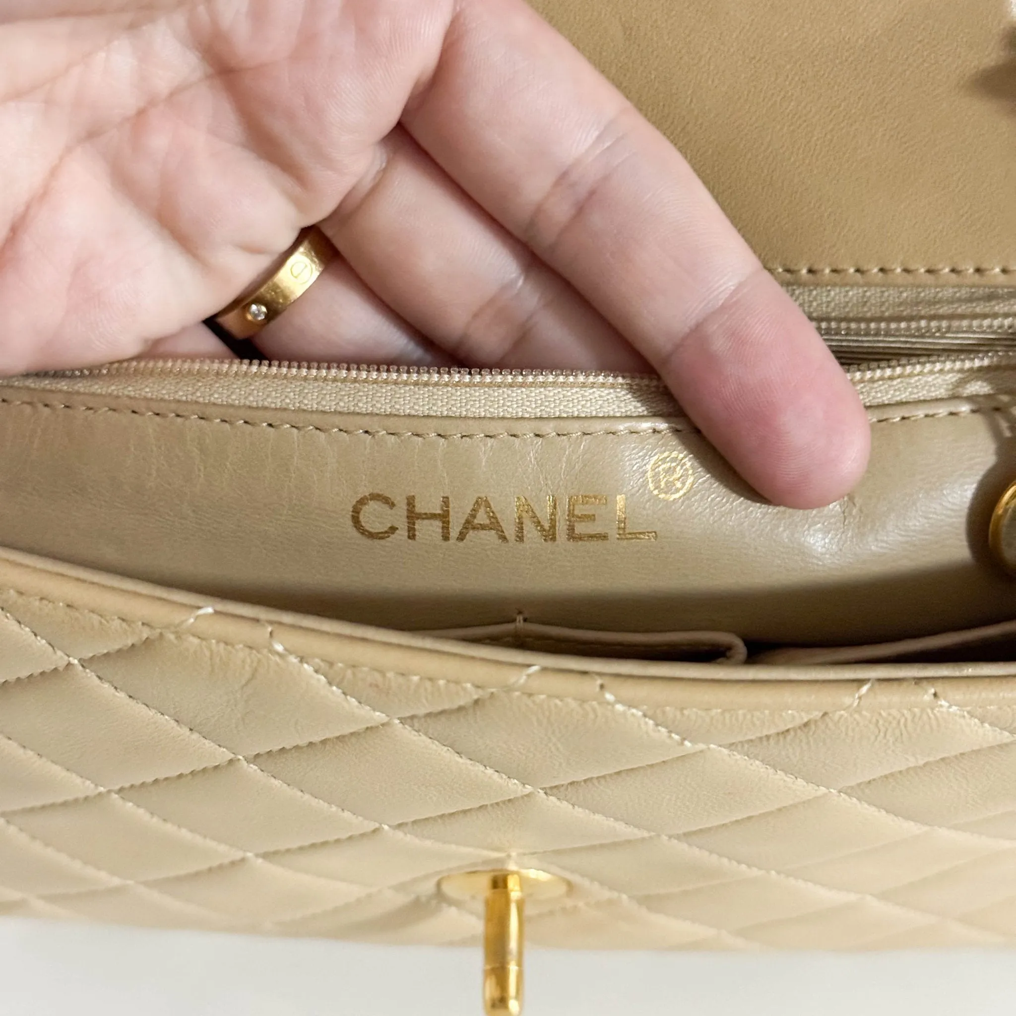Classic Flap Beige Lambskin Mini Gold Chain Shoulder Bag