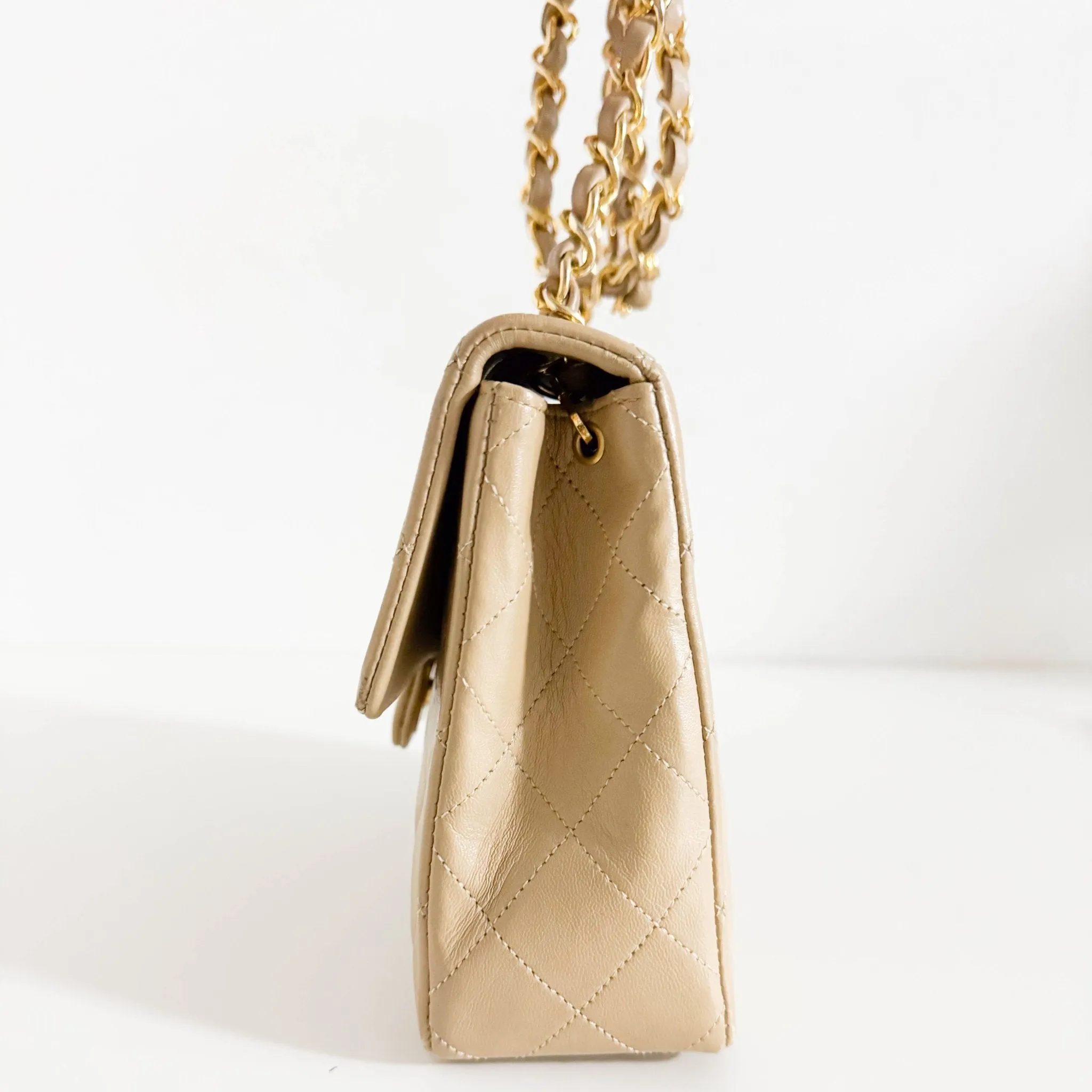 Classic Flap Beige Lambskin Mini Gold Chain Shoulder Bag