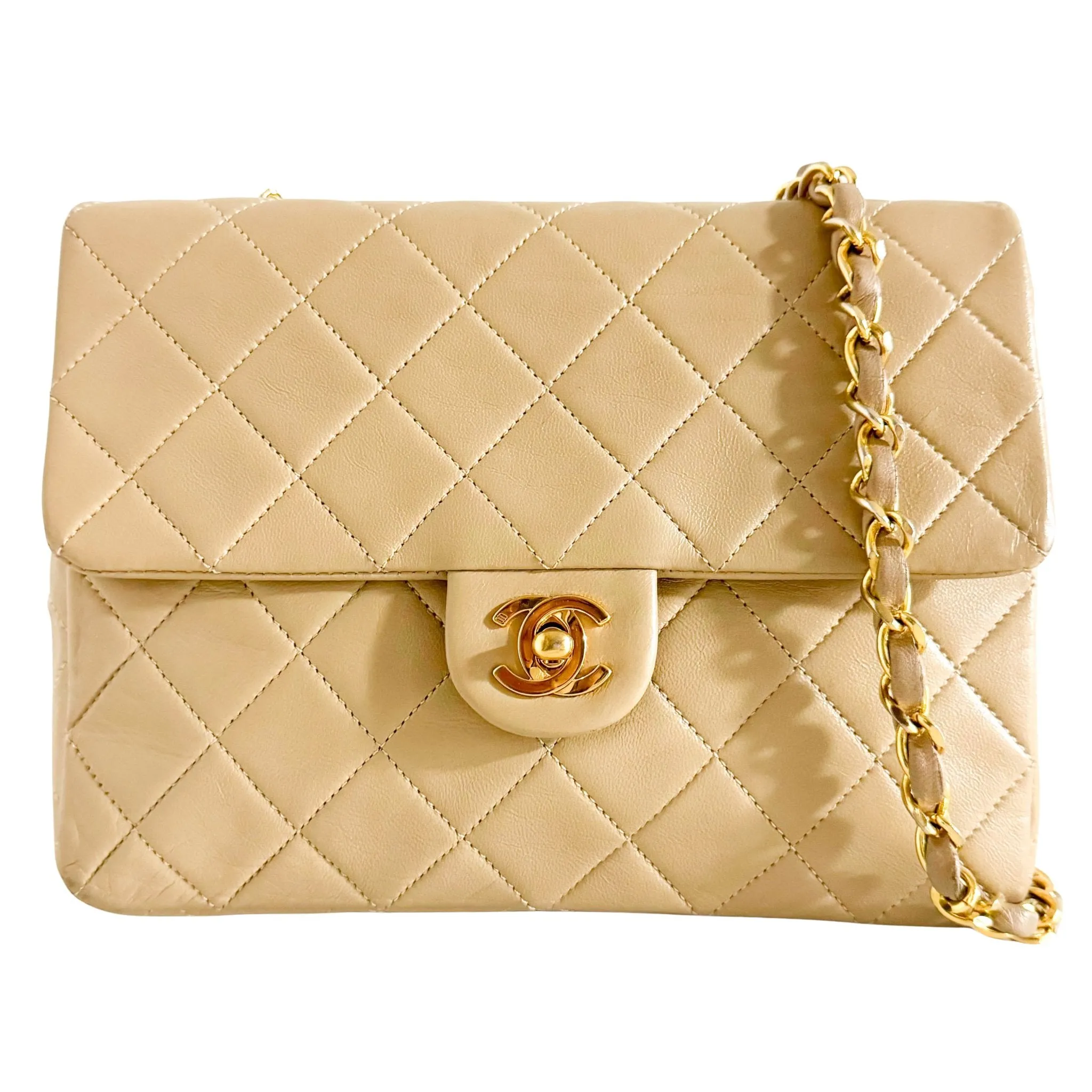 Classic Flap Beige Lambskin Mini Gold Chain Shoulder Bag
