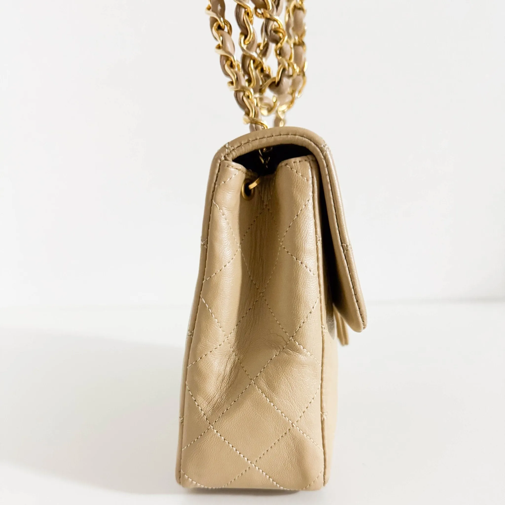 Classic Flap Beige Lambskin Mini Gold Chain Shoulder Bag