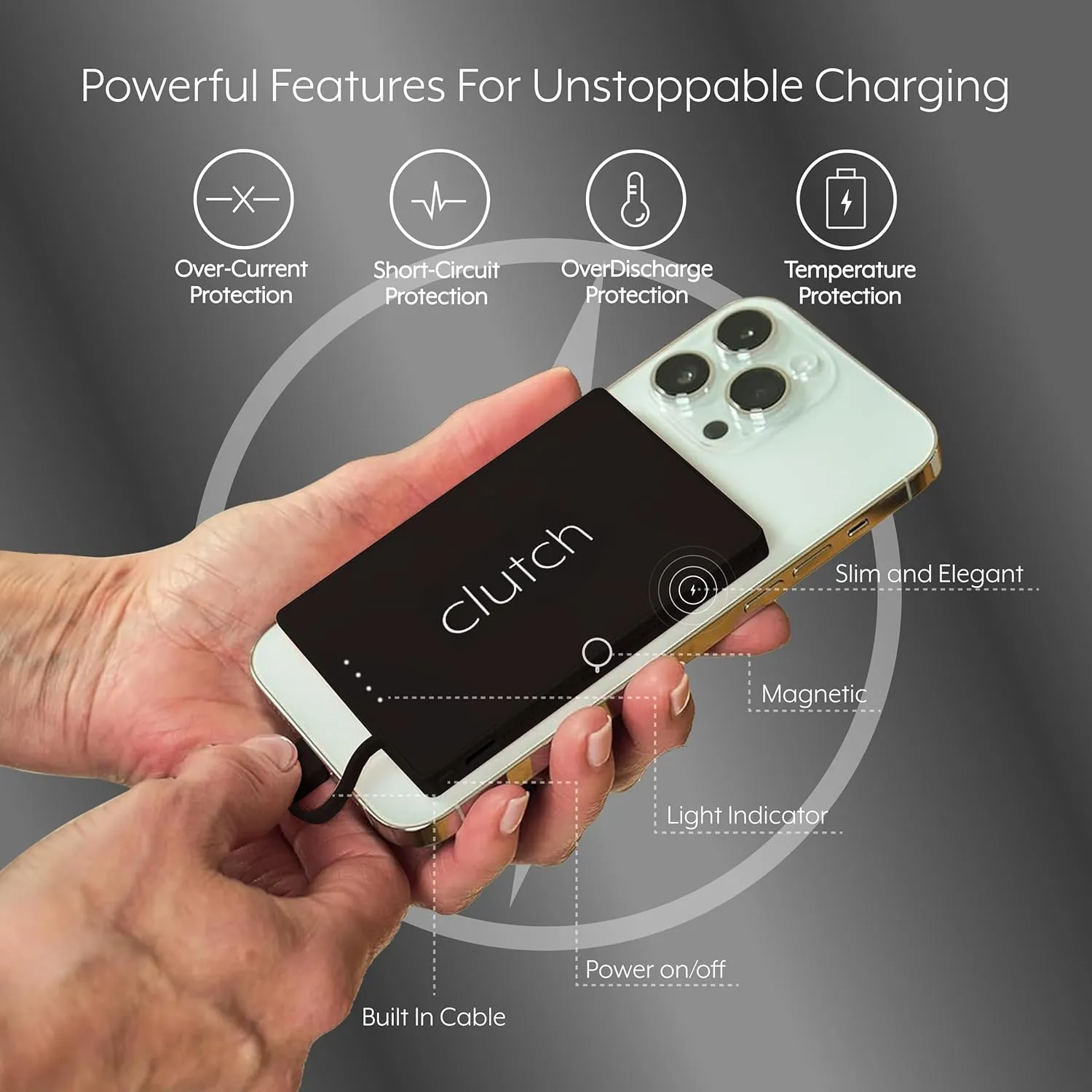 Clutch - Pro USB-C Portable Charger - Compatible with iPhone 15, 16 & Android Devices - Power Bank Magnetic Battery - TSA Travel Approved - USB Rechargeable - Built-in Cable - 5000 mAh - 3.7oz - Black