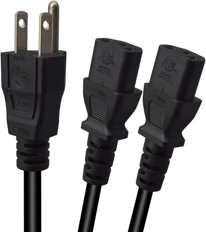 Computer Power Splitter Cord, NEMA 5-15P to Dual C13 Y-Cable - Power 2 Monitors at Once (6ft/2m)