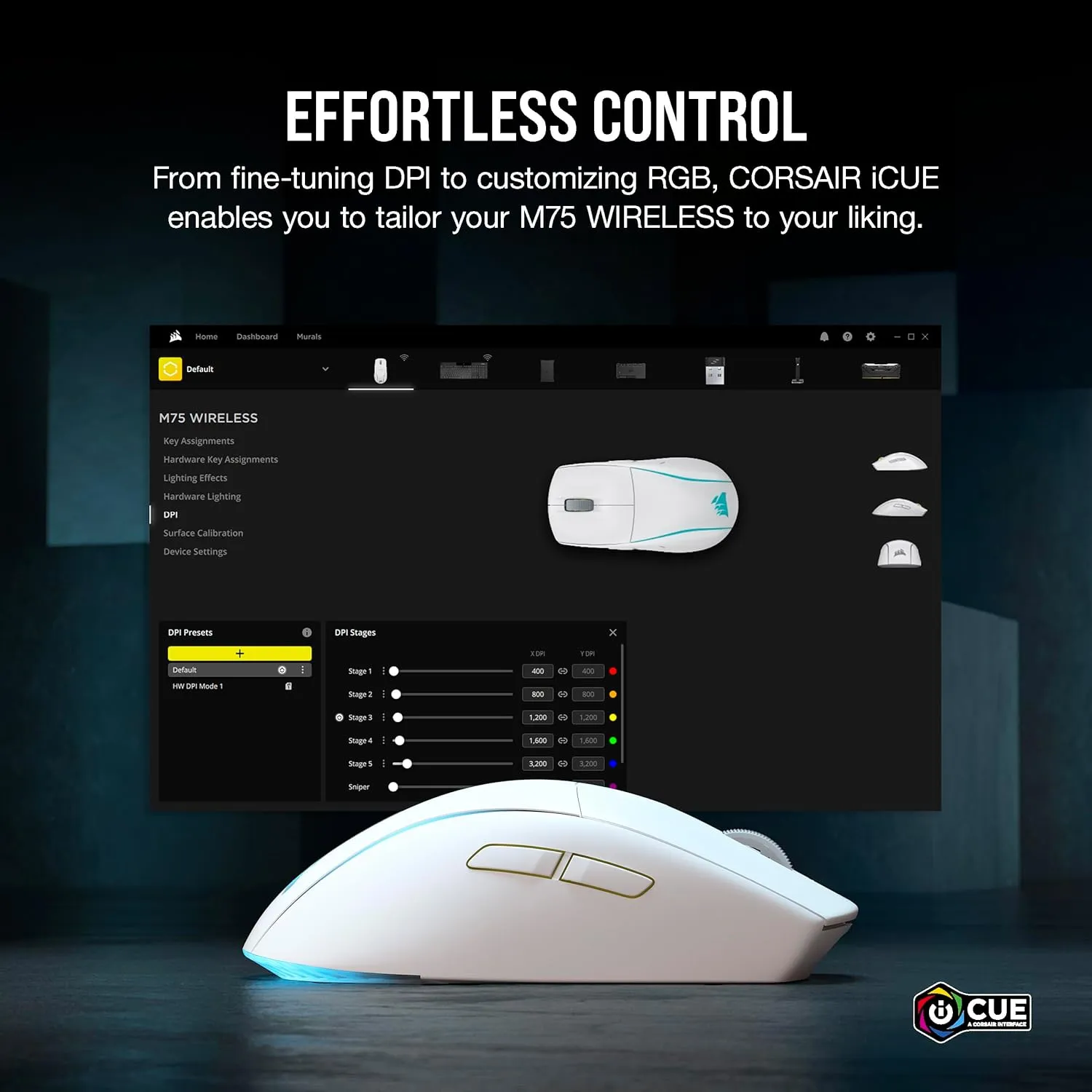 Corsair M75 Wireless RGB Lightweight FPS Gaming Mouse  26,000 DPI  Swappable Side Buttons  iCUE Compatible  PC  White
