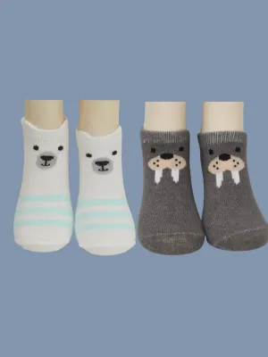 Cozy Polar Bear and Playful Walrus Combo  Socks  for Boys- White & Grey