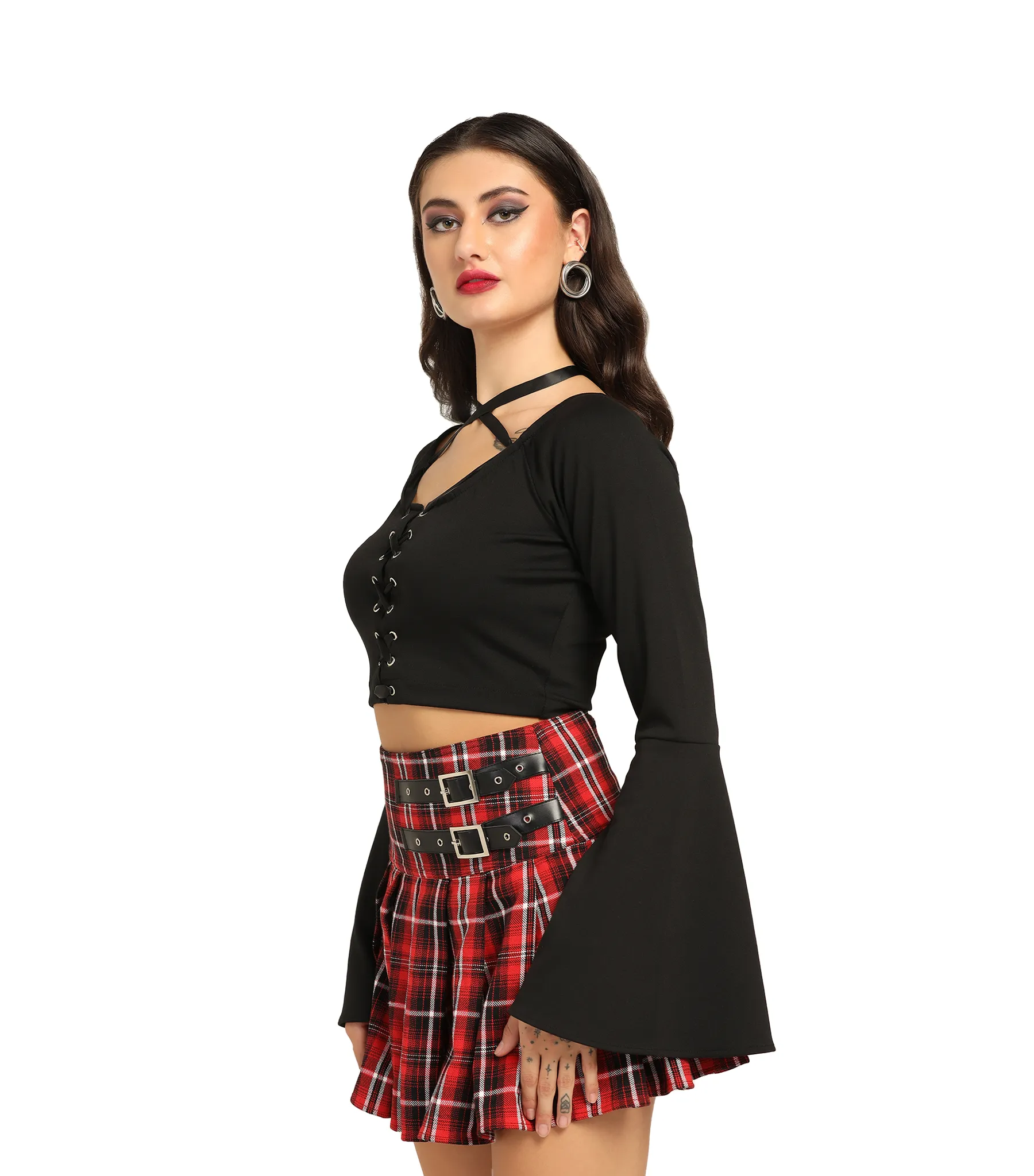 Crisscross Lace-Up Top with Flared Sleeves