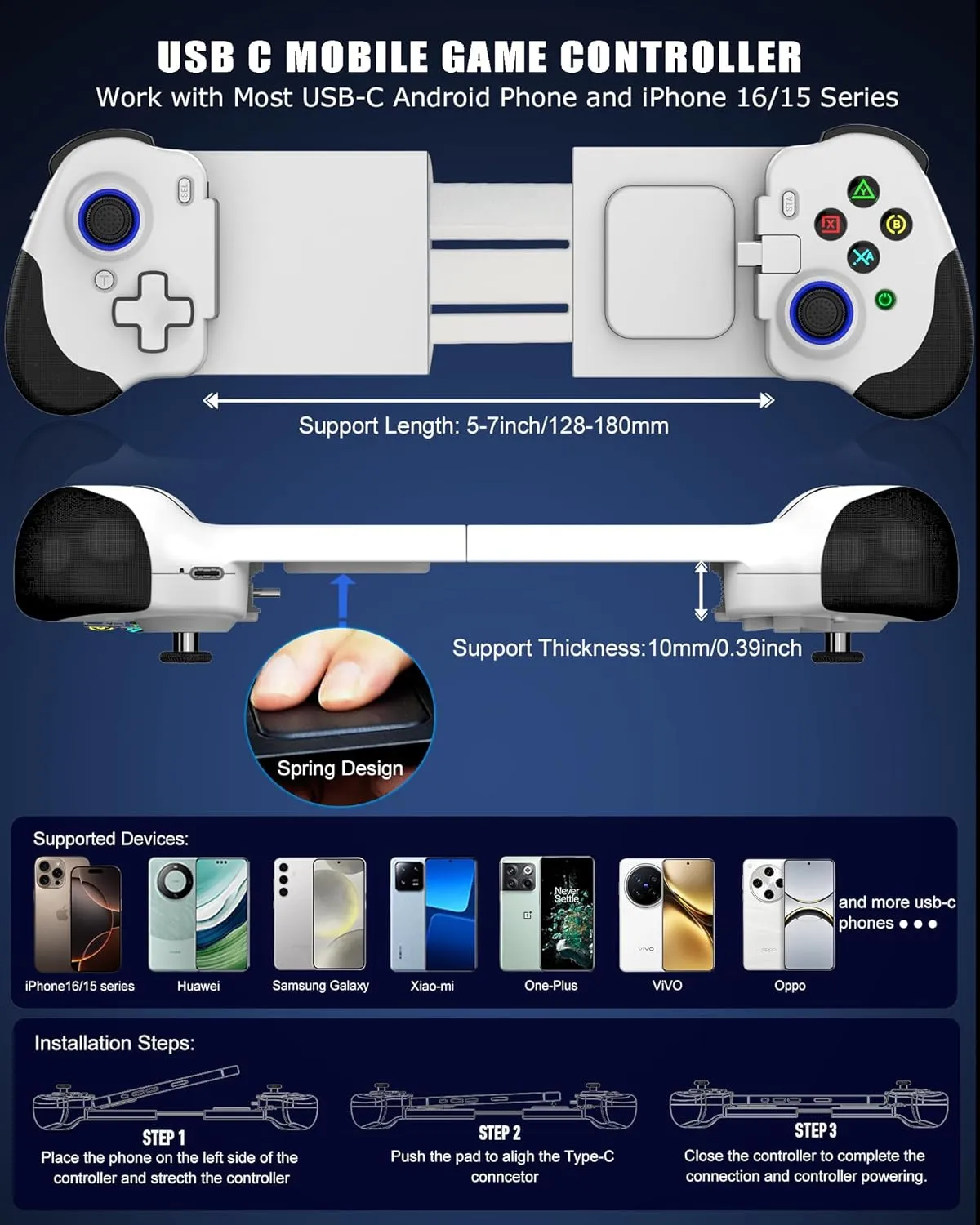 Crotrain Type-C Mobile Gaming Controller for Android & iPhone 16/iPhone 15 Series (USB C) Plug and Play Gamepad with Hall Effect Joysticks/Hall Trigger, for Xbox Cloud Gaming/PS Remote Play/PUBG/CODM