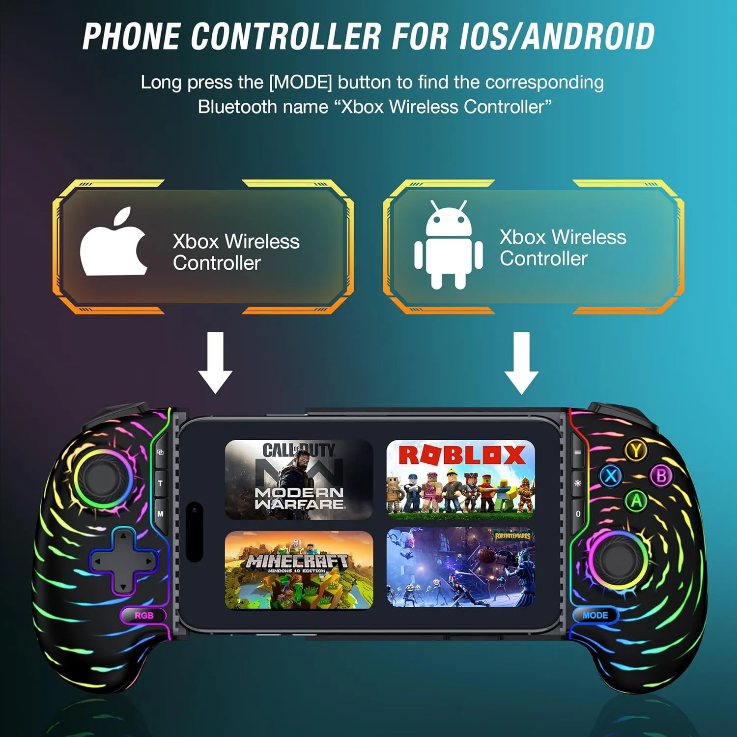 CYOYPPY Mobile Game Controller for iPhone/Android,Phone Gaming Controller Support Phone Case,Wireless Phone Controller for Xbox Game Pass, PlayStation, Steam Link, Call of Duty, Roblox & Minecraft