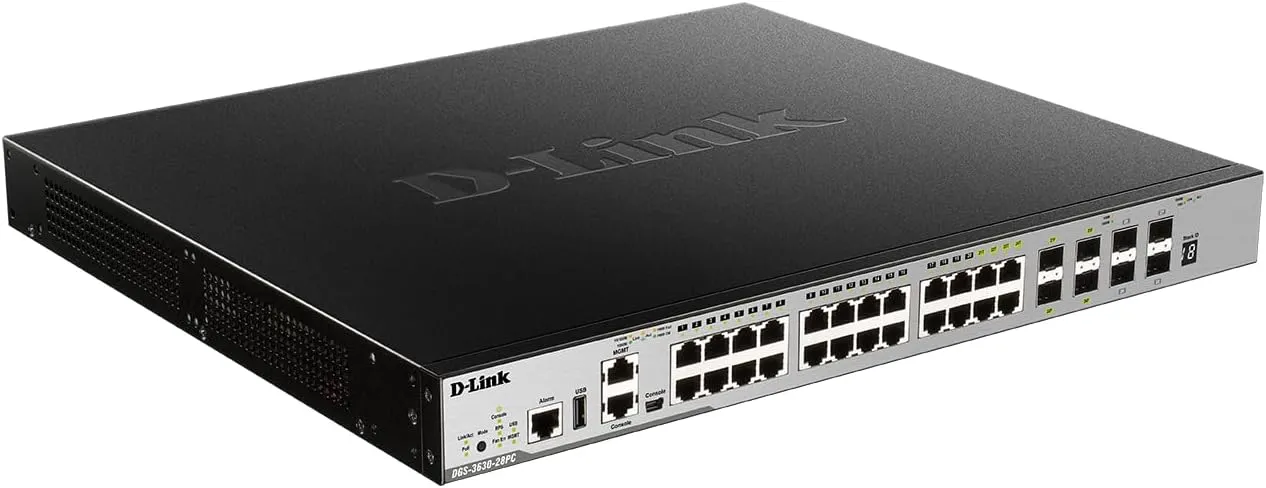 D-Link 28-Port PoE Gigabit Smart Managed Ethernet Switch (370W)| 20 GbE PoE   4 SFP Combo PoE   4 10G SFP  Ports | L3 | 6kV Surge Protection (DGS-3630-28PC/SI)