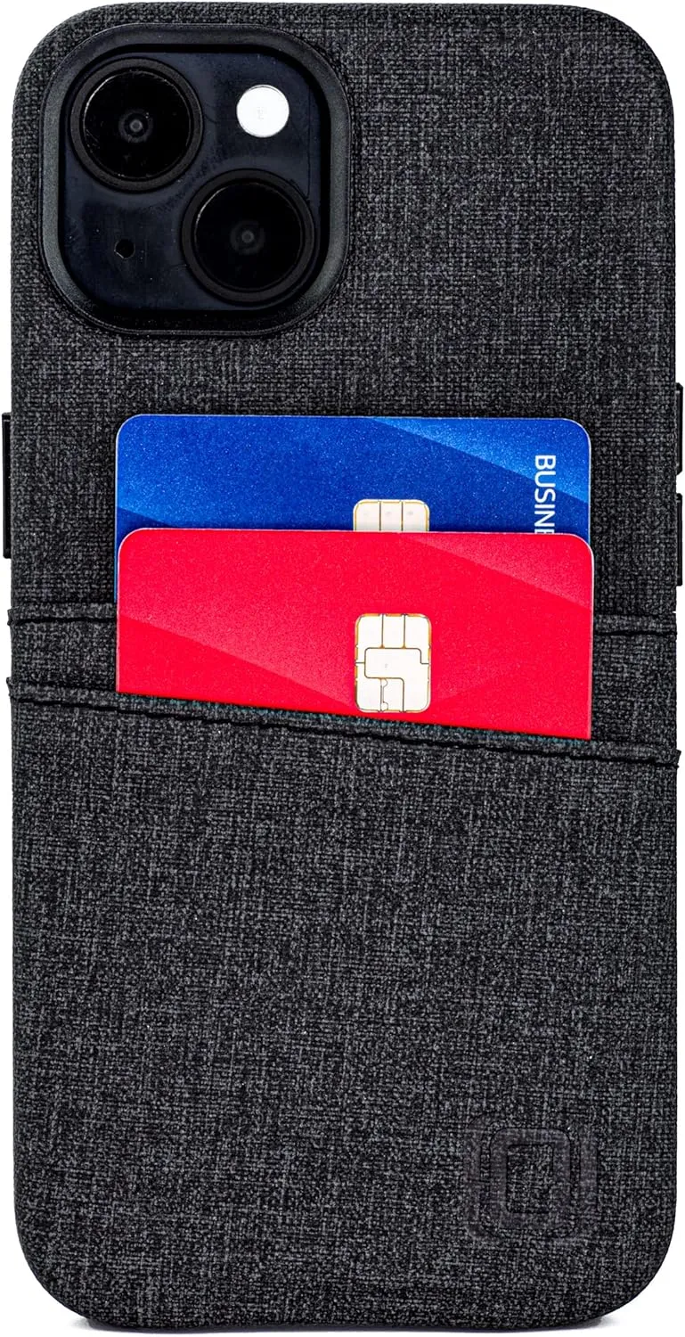 Dockem iPhone 14 Card Case with Built-in Metal Plate for Magnetic Mounting & 2 Card Holder Pockets: Luxe M2 Wallet, Canvas Style Synthetic Leather (iPhone 14, Black)