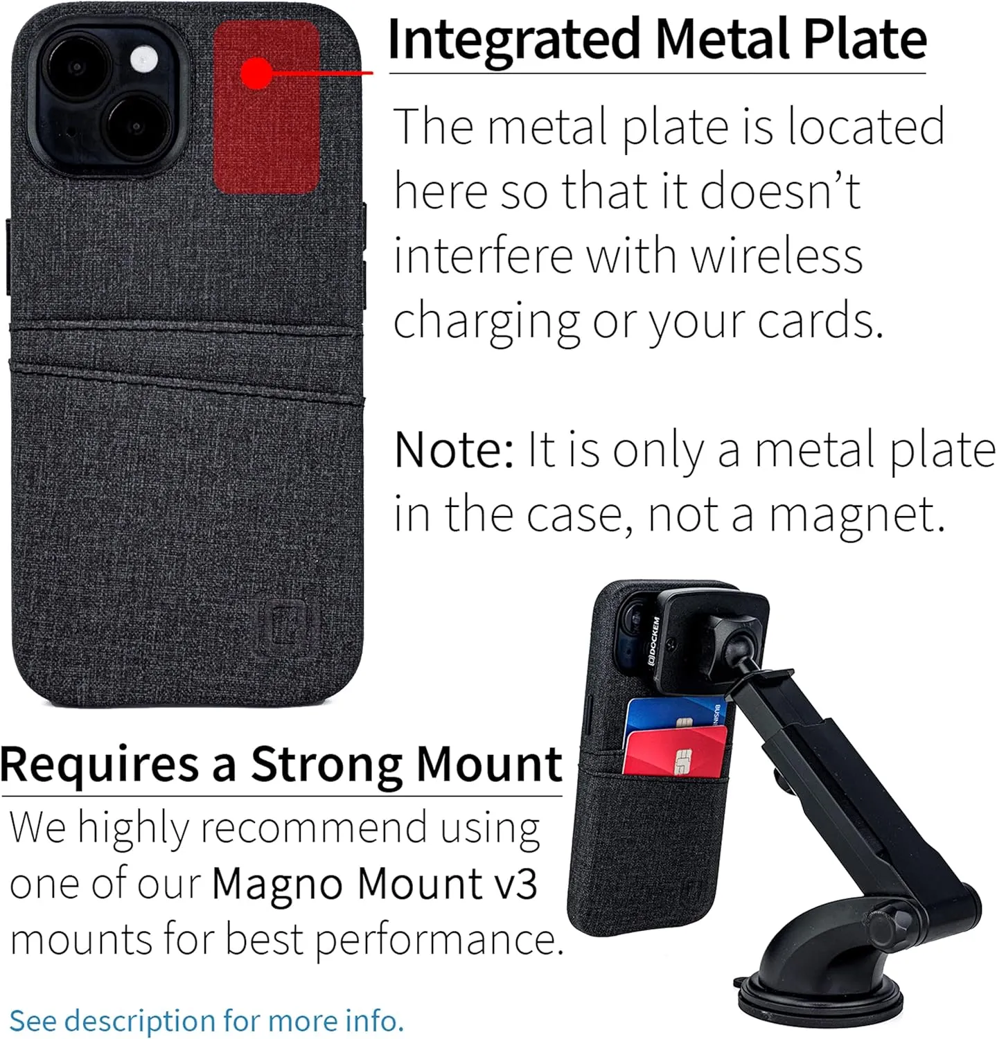 Dockem iPhone 14 Card Case with Built-in Metal Plate for Magnetic Mounting & 2 Card Holder Pockets: Luxe M2 Wallet, Canvas Style Synthetic Leather (iPhone 14, Black)