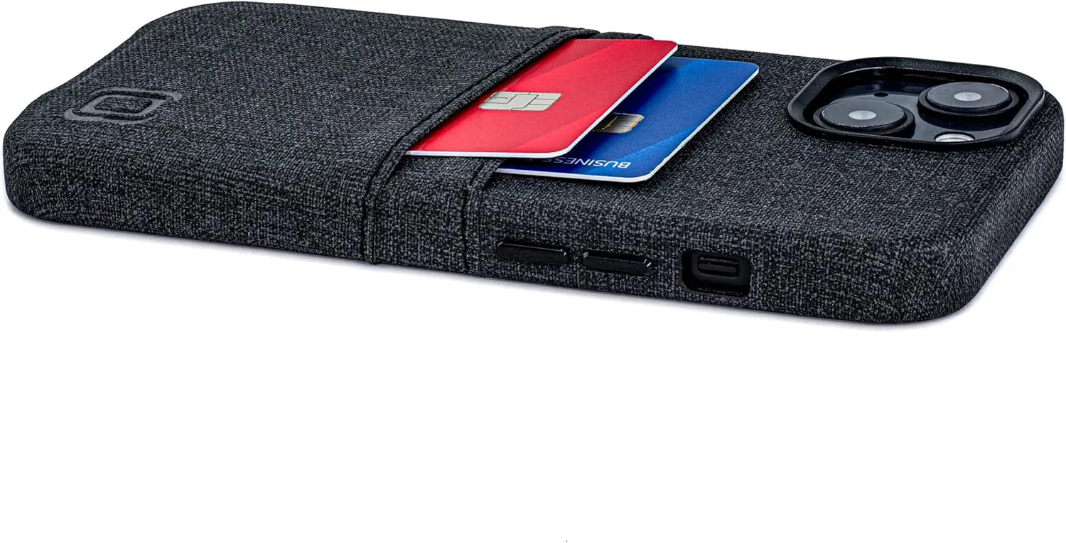 Dockem iPhone 14 Card Case with Built-in Metal Plate for Magnetic Mounting & 2 Card Holder Pockets: Luxe M2 Wallet, Canvas Style Synthetic Leather (iPhone 14, Black)
