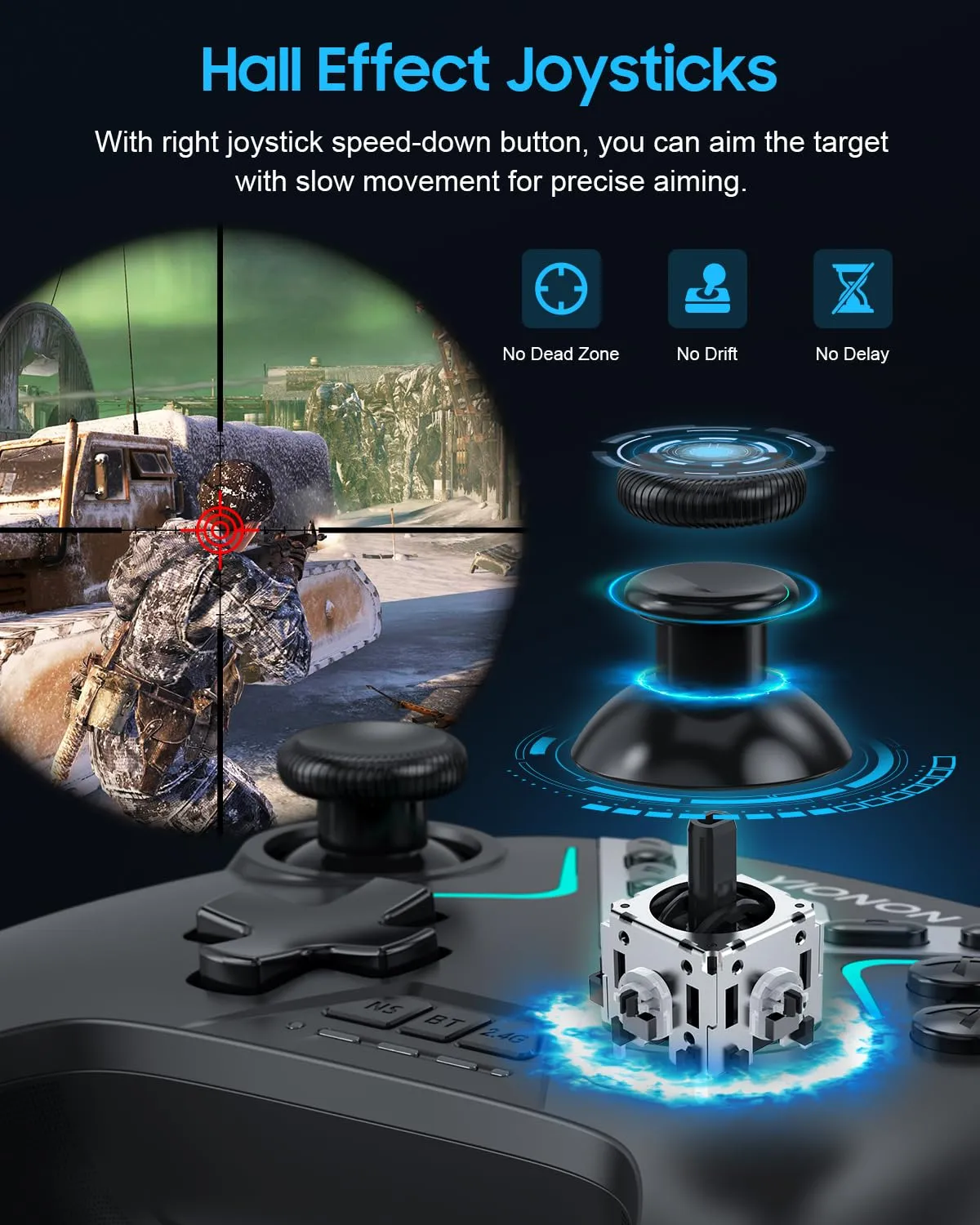 Dual Hall Effect PC Controller-Enhanced Wireless Bluetooth Controller with Hall Joysticks & Triggers & Joystick Speed Down for PC Windows/iPhone/Android/Switch/Steam/TV (With USB Dongle & Phone Clip)