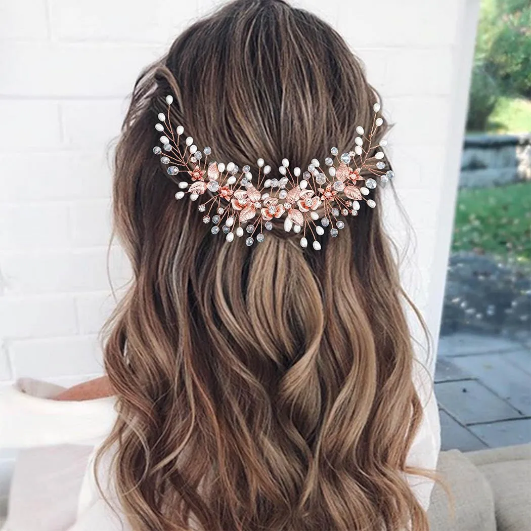 Easedaily Bride Wedding Hair Vine Silver Flower Leaf Bridal Headpieces Pearl Hair Accessories for Women and Brides