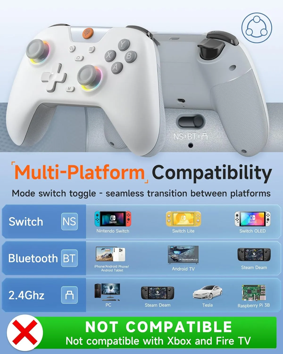 EasySMX X05 Wireless Controller for PC/Android/Steam Deck- Bluetooth Controller Gamepad with Hall Effect Joysticks and Trigger,Turbo,Rumble Vibration and RGB Lighting