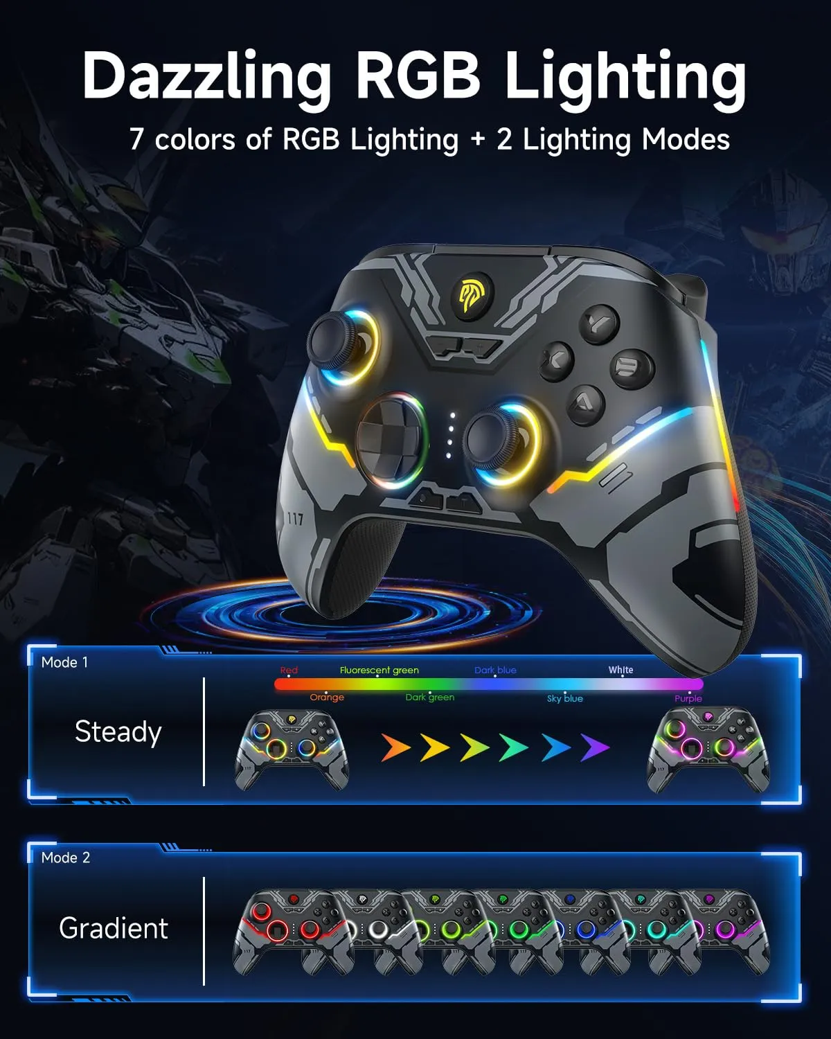 EasySMX X15 PC Controller - Enhanced Wireless Bluetooth Controller with Hall Joysticks/Hall Triggers/RGB Lighting - No Stick Drift, No Dead Zone - Work for Windows PC, Android, Steam and Switch