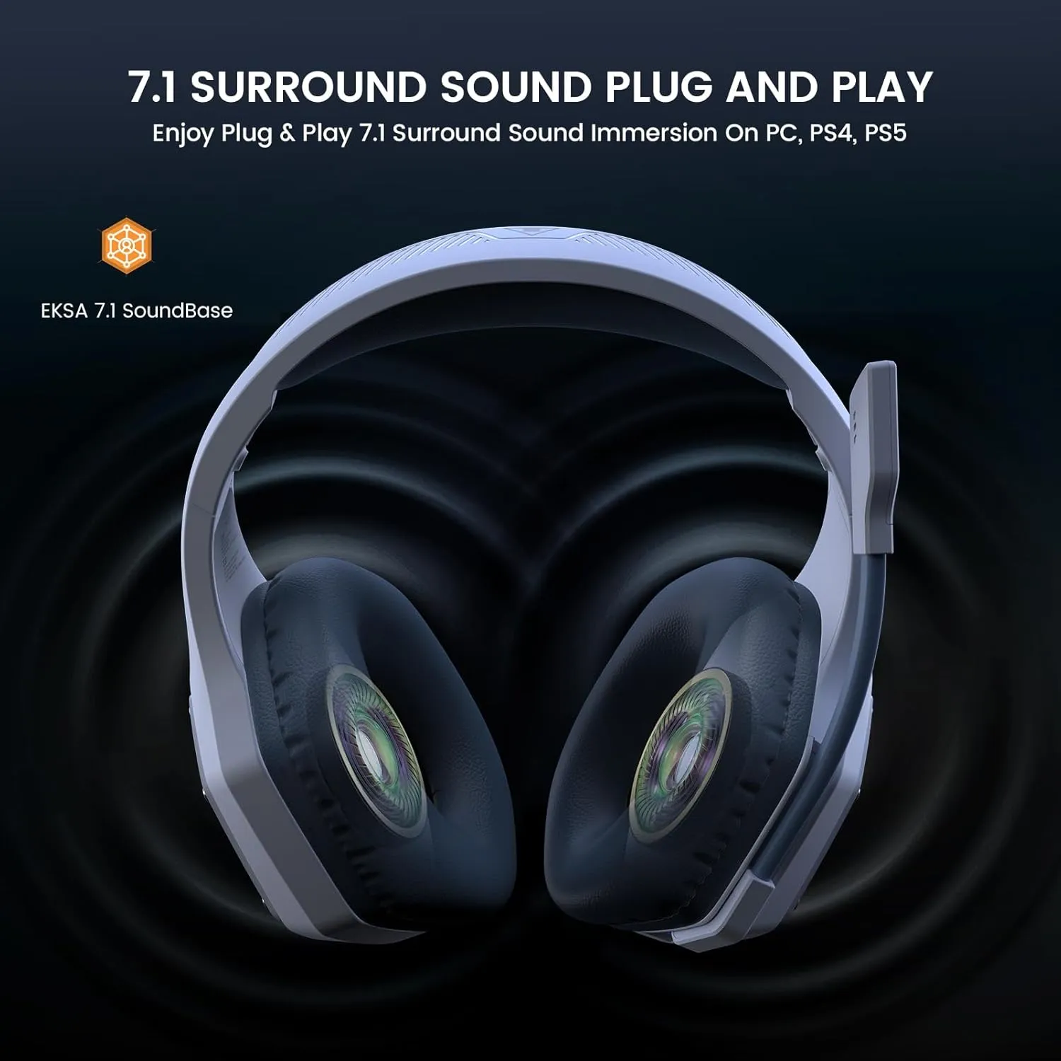EKSA E1000WT Wireless Gaming Headset,2.4GHz USB Gaming Headphones with Microphone for PC, PS5, PS4, Nintendo Switch, 7.1 Surround Sound Gaming Headset, RGB Light, Ergonomic Design for Birthday Gift