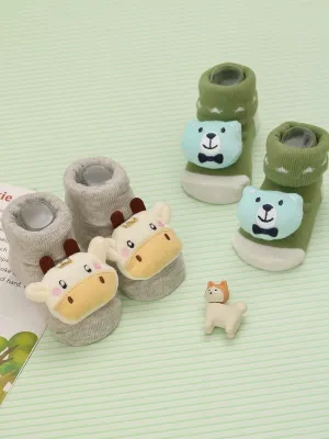 Enchanting Animal Rattle Socks Set - Cow & Bear Design