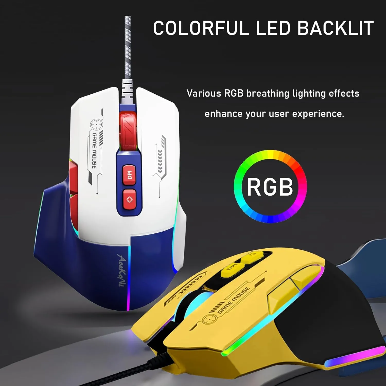 Ergonomic Wired Mouse with 5 Adjustable DPI up to 7200, 7 Programmable Keys, RGB Breathing Lights, Compatible with Laptop, Chromebook, PC, Desktop, Mac, Notebook