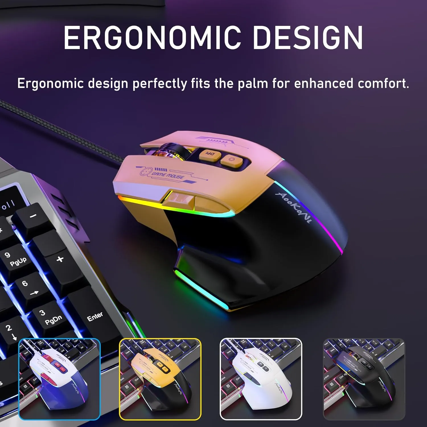 Ergonomic Wired Mouse with 5 Adjustable DPI up to 7200, 7 Programmable Keys, RGB Breathing Lights, Compatible with Laptop, Chromebook, PC, Desktop, Mac, Notebook