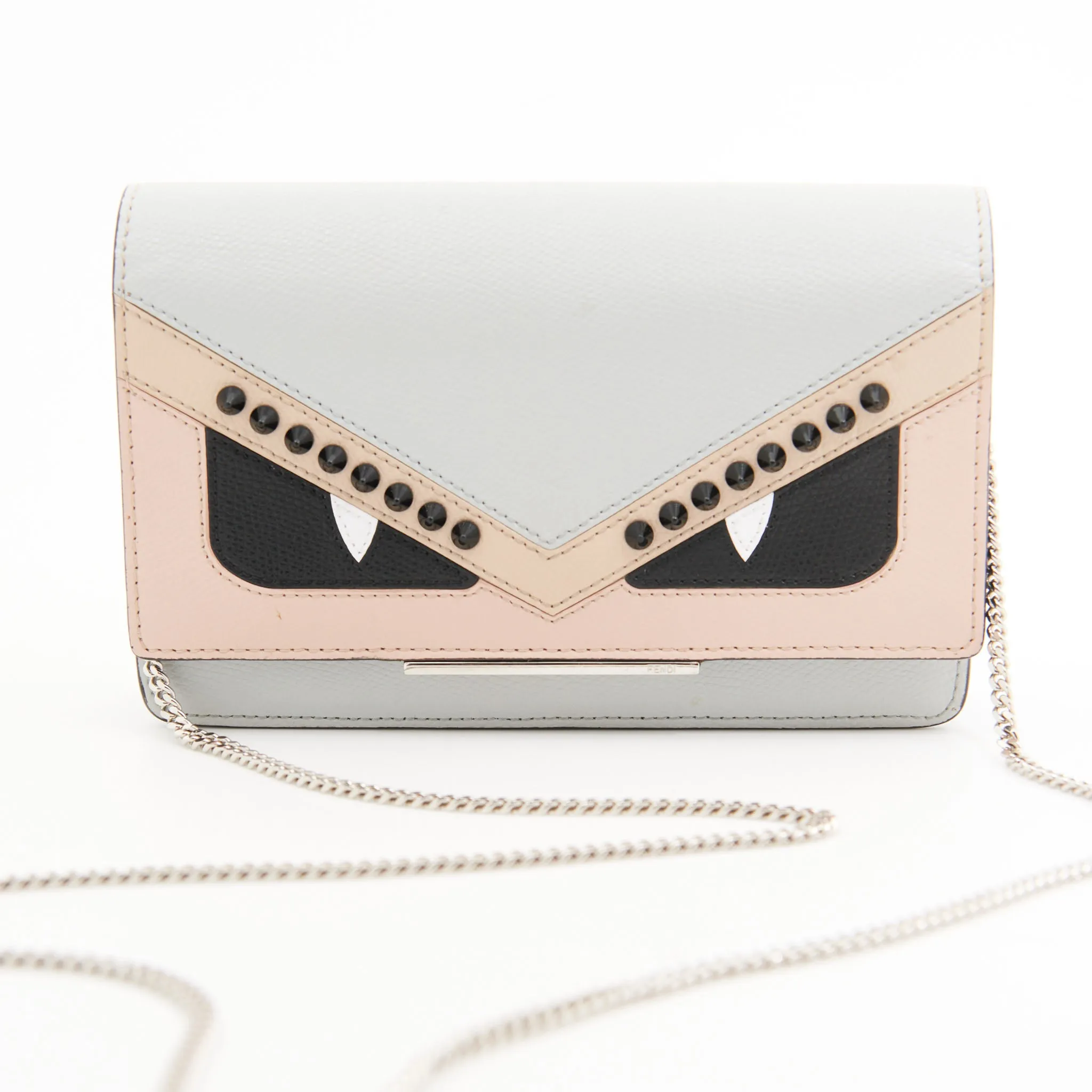Fendi Leather Monster Wallet on Chain in Grey and Pink SHW
