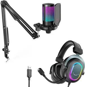 FIFINE Gaming Microphone and USB Streaming Headset Kit, PC Podcast Condenser Mic with Boom Arm, Pop Filter, Mute, Wired Headphones with 7.1 Surround Sound for Streaming, Twitch, Online Chat (A6T H6)