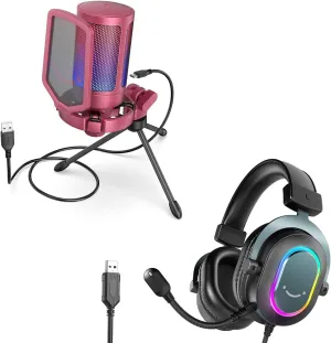 FIFINE PC Microphone, Streaming USB Headset, Compatible with Computer/PS4/PS5, Gaming Condenser Mic with Pop Filter, Shock Mount, Streaming RGB Headphones with EQ Mode, RGB, Soft Ear Pads-Red (A6R H6)