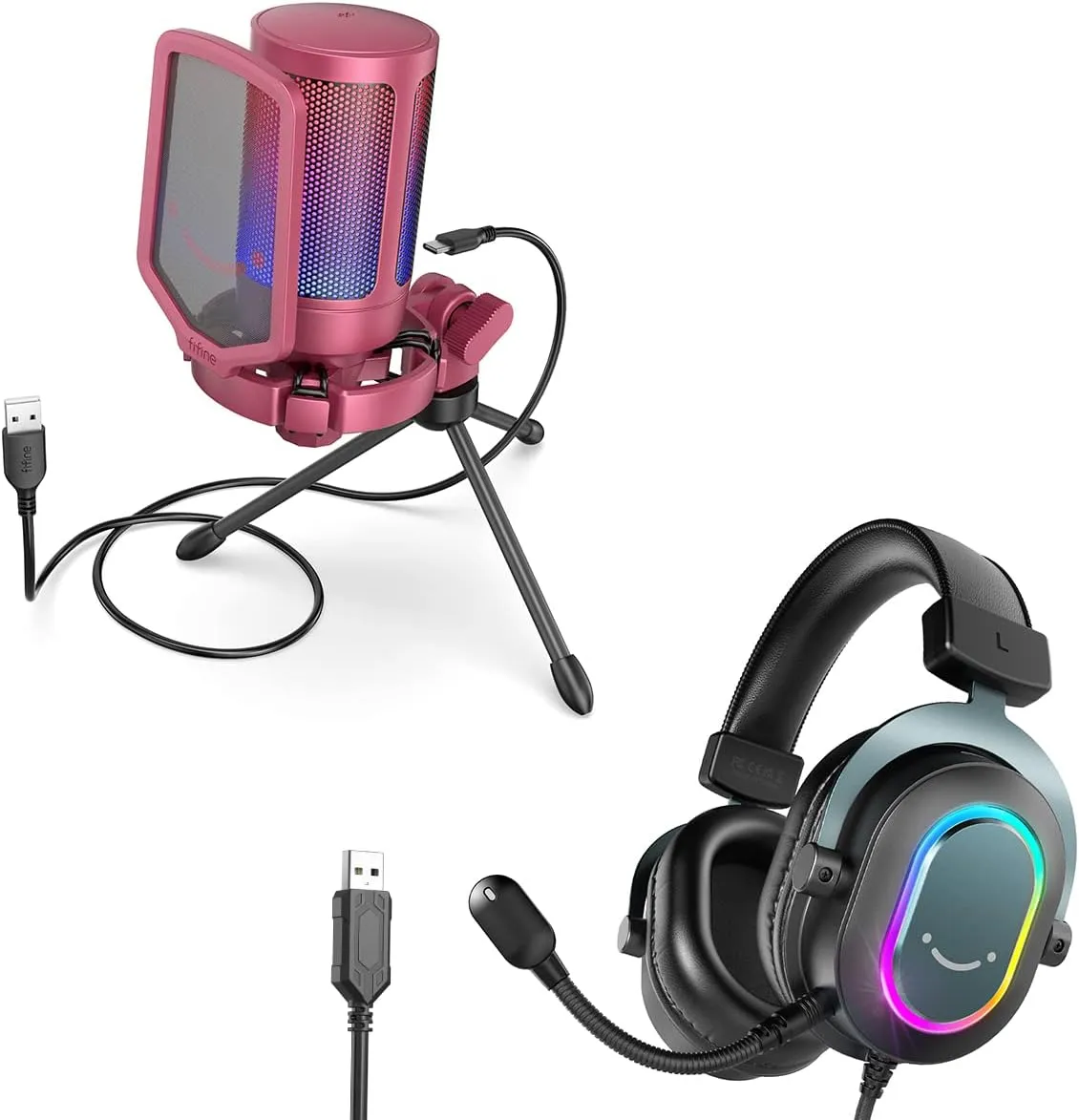 FIFINE PC Microphone, Streaming USB Headset, Compatible with Computer/PS4/PS5, Gaming Condenser Mic with Pop Filter, Shock Mount, Streaming RGB Headphones with EQ Mode, RGB, Soft Ear Pads-Red (A6R H6)
