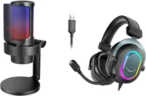 FIFINE PC Microphone USB Headset, Gaming Streaming Bundle for Laptop, Desktop, PS4, PS5, Condenser Mic with RGB Control, Headphone Jack, Headset with 7.1 Surround Sound (A8 H6)