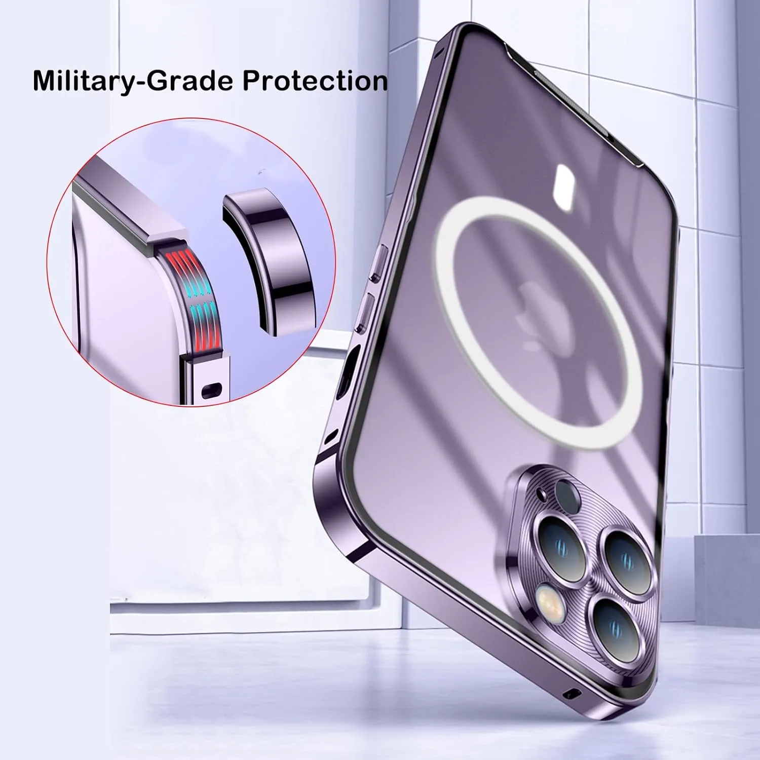for iPhone 13 Case Compatible with MagSafe Charger Ultra Slim Matte PC Back Metal Frame Bumper Scratch Resistant Safety Lock Shockproof Protective Case, Blue