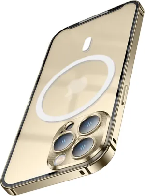 for iPhone 13 Case Compatible with MagSafe Charger Ultra Slim Matte PC Back Metal Frame Bumper Scratch Resistant Safety Lock Shockproof Protective Case, Gold