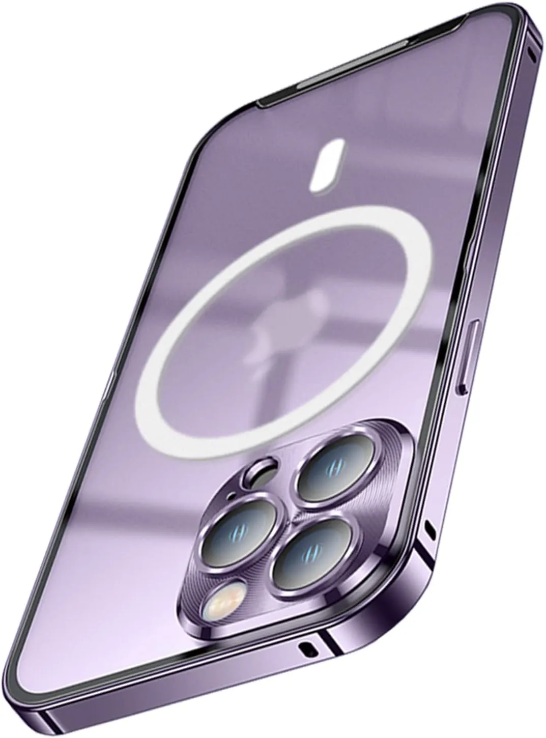 for iPhone 13 Case Compatible with MagSafe Charger Ultra Slim Matte PC Back Metal Frame Bumper Scratch Resistant Safety Lock Shockproof Protective Case, Purple