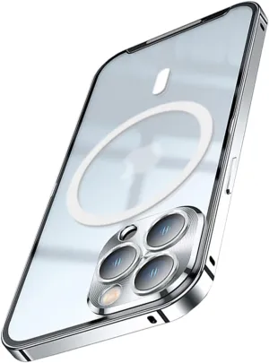 for iPhone 13 Case Compatible with MagSafe Charger Ultra Slim Matte PC Back Metal Frame Bumper Scratch Resistant Safety Lock Shockproof Protective Case, Silver